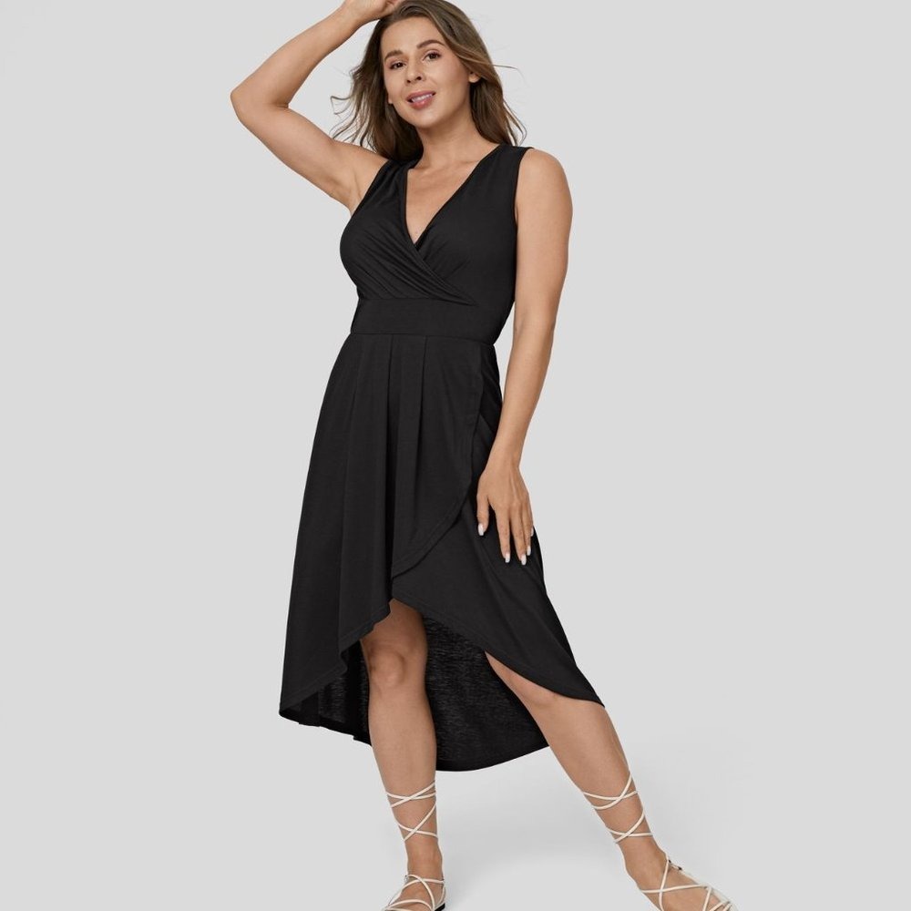 Halara Deep V Neck High Low Crossover Hem Midi Dress Black Large NWT